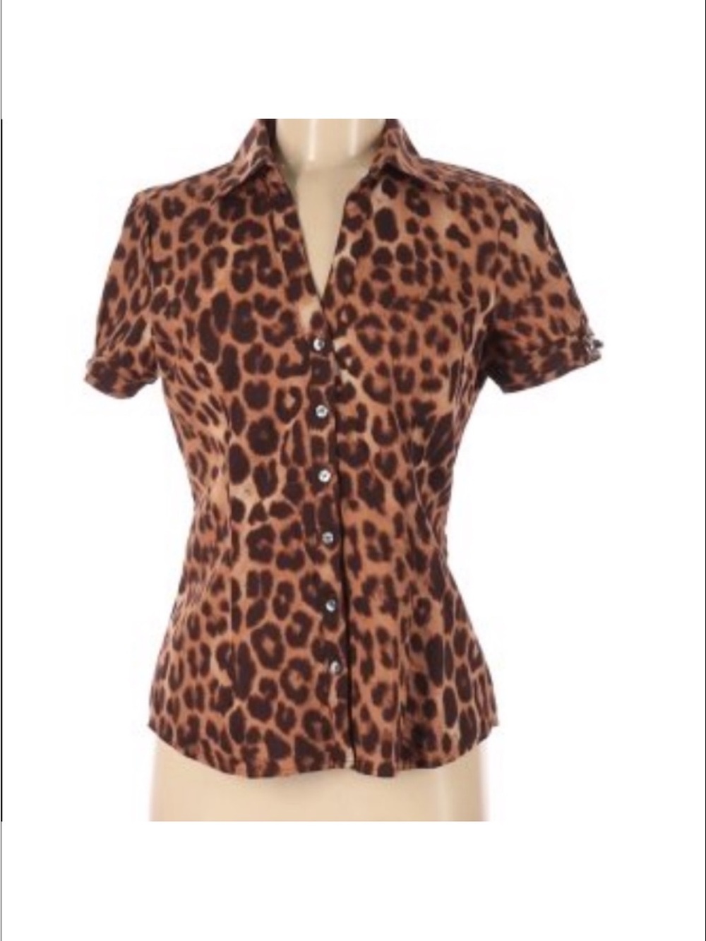 Leopard Print Short-Sleeve Button-Up Top - Brown
